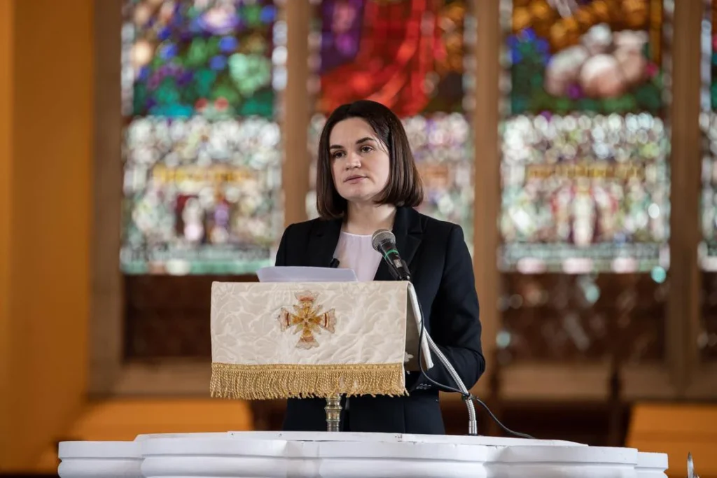 Sviatlana Tsikhanouskaya addresses the attendance at the Tipperary International Peace Award ceremony at St. Mary's Church, Tipperary Town