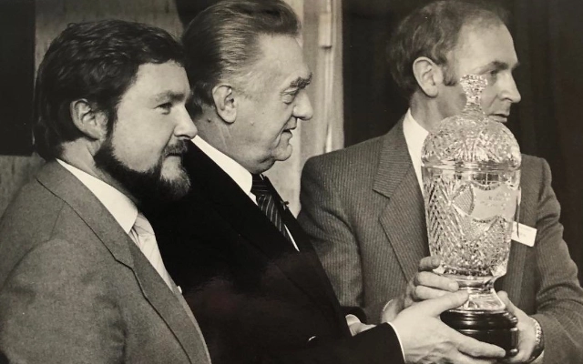Soviet Ambassador to Ireland, Gennady Uranov, accepting the 1988 Tipperary Peace Award on behalf of Mikhail Gorbachev, from Joe Quinn, Chair of Tipperary Peace Convention. Also pictured is Ken Barry, representing the sponsors.