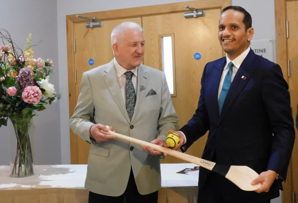 Martin Quinn, Hon. Secretary, Tipperary Peace Convention presents His Excellency Sheikh Mohammed bin Abdulrahman bin Jassim Al Thani, with a hurley